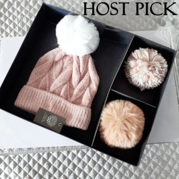 NWT / NIB Vince Camuto pink beanie & 3 pom poms box set